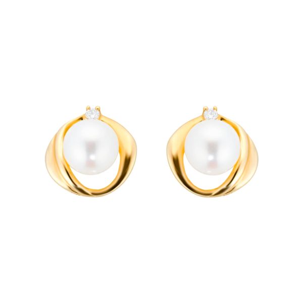 9ct Yellow Gold Fluid Pearl 0.04ct Stud Earrings