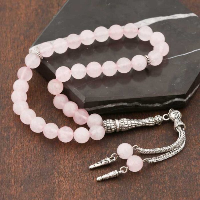 ​Doğaltaş Metal Püsküllü Pembe Kuvars Taşlı Tesbih - Görsel 2