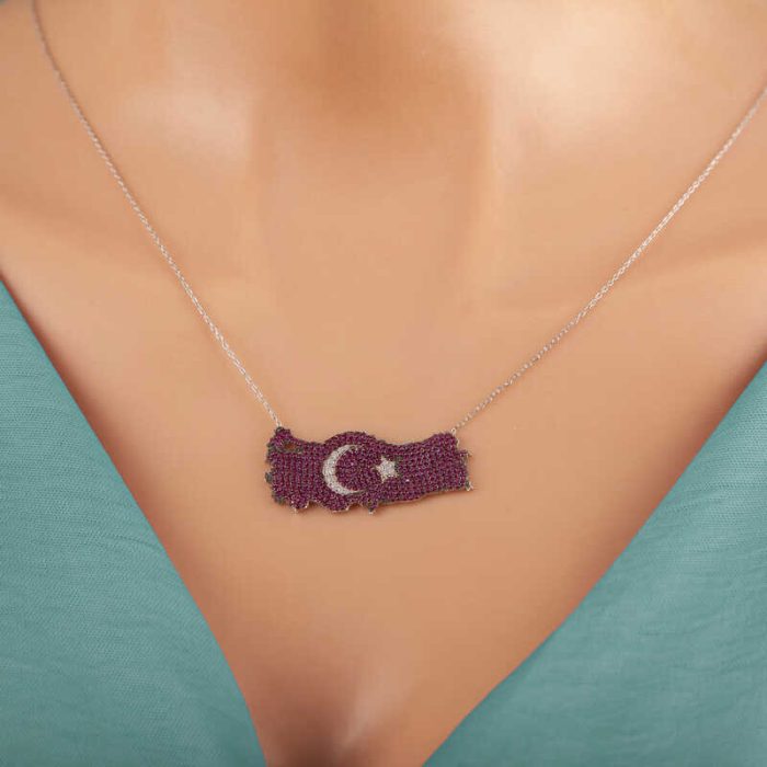 Gümüş Ay Yıldız Türkiye Haritası Kadın Kolye - Görsel 2