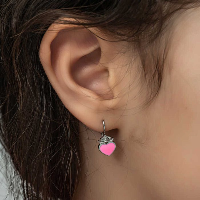 Gümüş Pembe Kalp Sallantılı Çocuk Küpe - Görsel 4