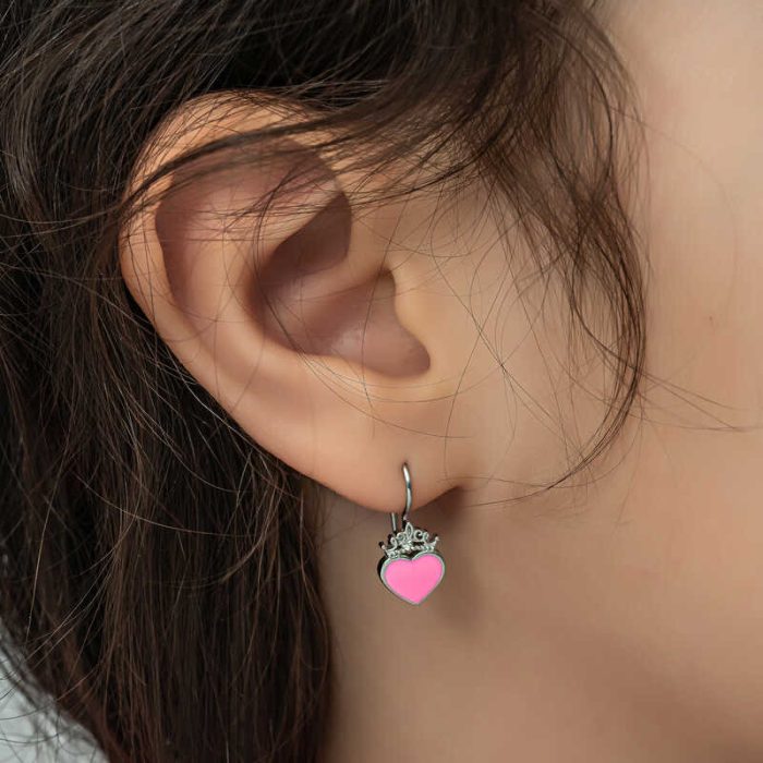Gümüş Pembe Kalp Sallantılı Çocuk Küpe - Görsel 5