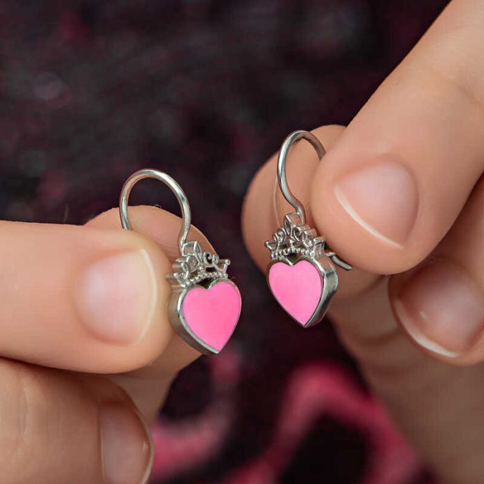 Gümüş Pembe Kalp Sallantılı Çocuk Küpe - Görsel 3
