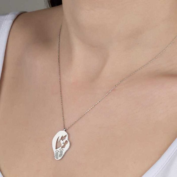 Swarovski Taşlı Gümüş Anne Bebek Bayan Kolye - Görsel 2