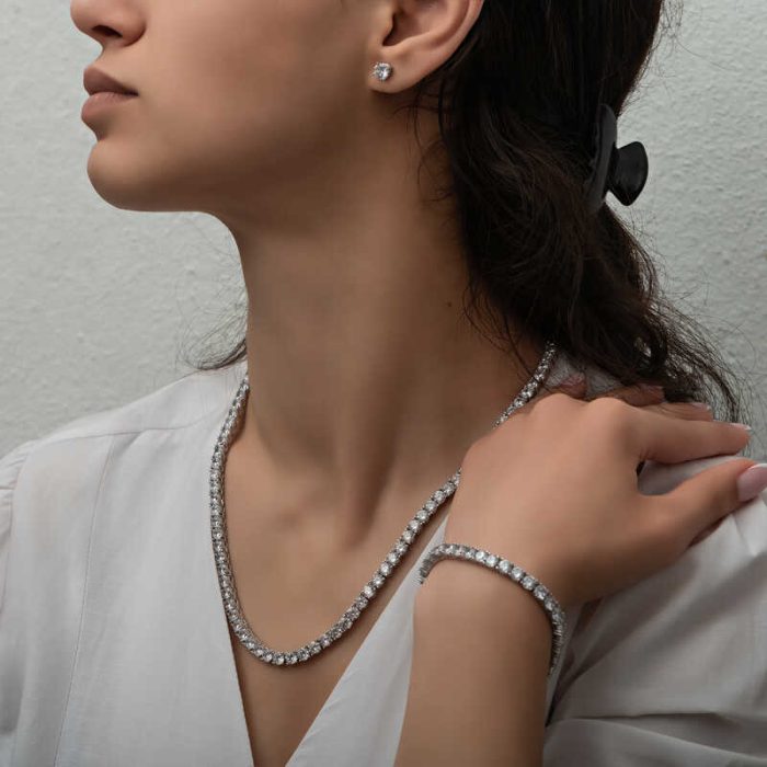 Gümüş 2.5 mm Beyaz Taşlı Su Yolu Kadın Set - Görsel 3
