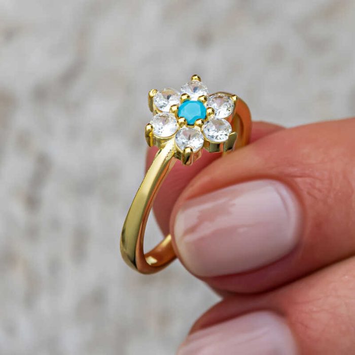 Gümüş Mavi Taşlı Gold Çiçek Kadın Set - Görsel 3