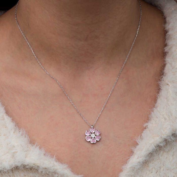 Gümüş Pembe Kalpli Çiçek Kadın Kolye - Görsel 5