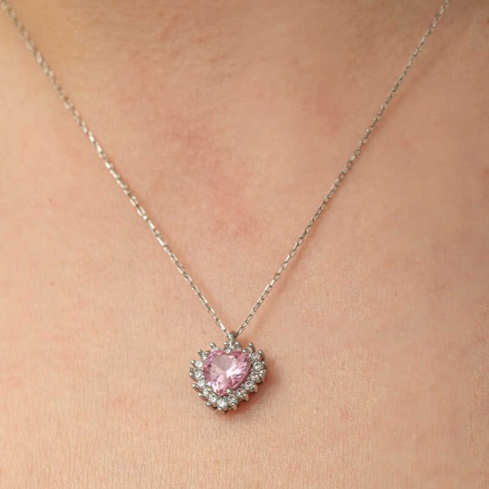 Gümüş Pembe Taşlı Kalp Kadın Kolye - Görsel 4