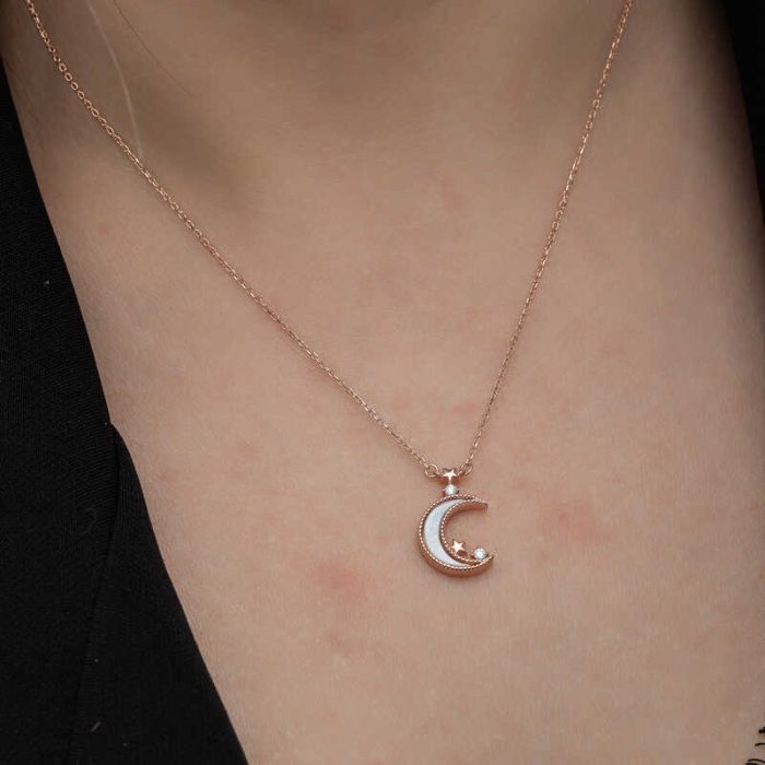 Gümüş Rose Ay Yıldız Kadın Kolye - Görsel 4