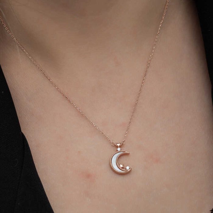 Gümüş Rose Ay Yıldız Kadın Kolye - Görsel 6