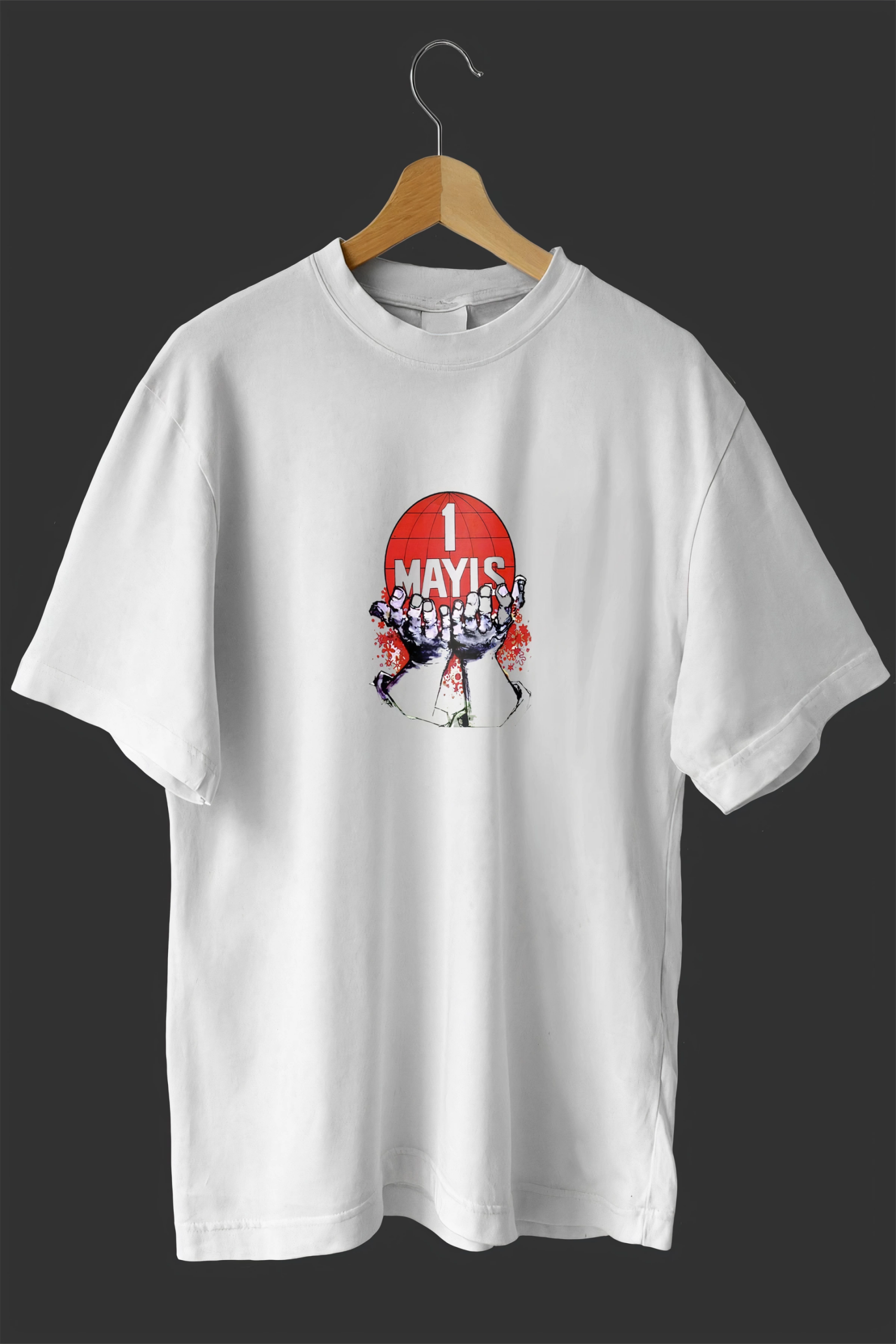 1 Mayıs Emek ve Dayanışma Günü Baskılı Oversize Bisiklet Yaka T-shirt – Beyaz