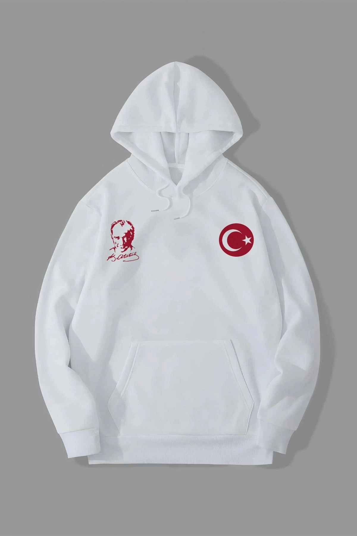 Erkek 10 Kasıma Özel 3 İplik Kapüşonlu Baskılı SweatShirt Hoodie – Beyaz