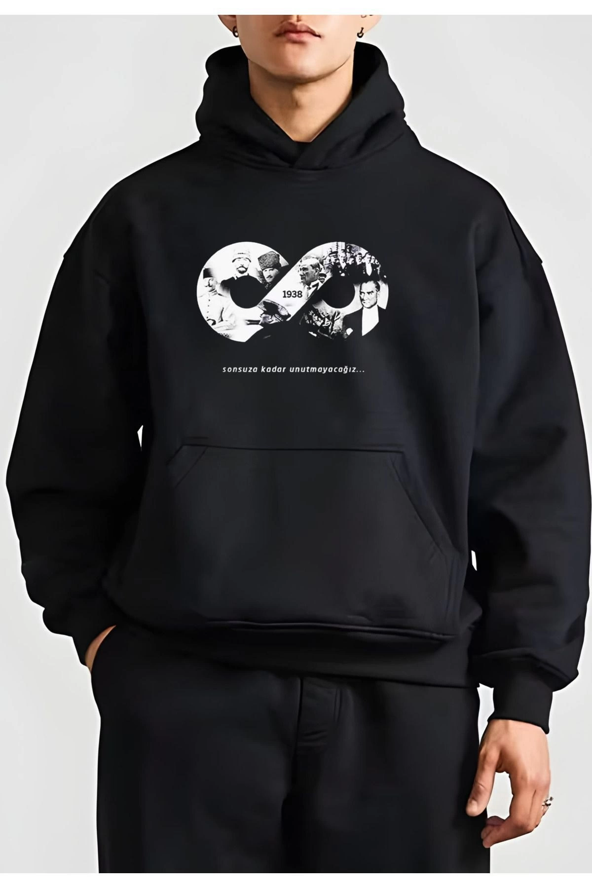 Erkek 10 Kasıma Özel 3 İplik Kapüşonlu Baskılı SweatShirt Hoodie – Siyah
