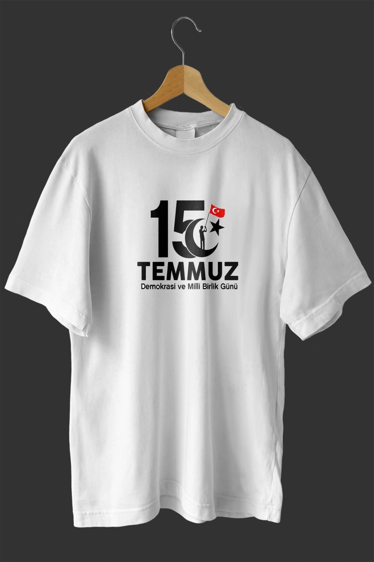 15 Temmuz Demokrasi ve Milli Birlik Günü Baskılı Oversize Bisiklet Yaka T-shirt – Beyaz