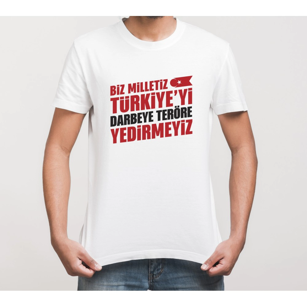 15 Temmuz Demokrasi Milli Birlik YEDİRMEYİZ Baskılı Bisiklet Yaka T-shirt – Beyaz