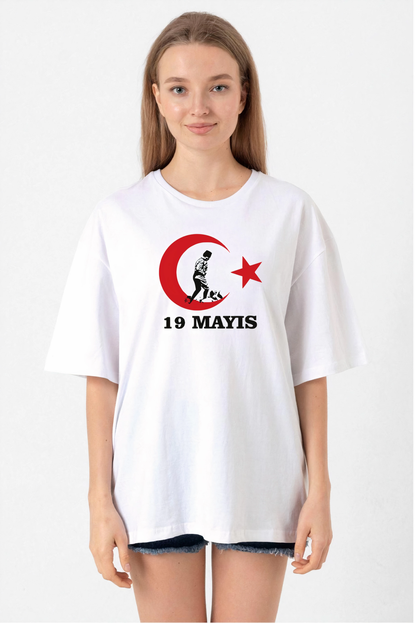 19 Mayıs Atatürk Gençlik Spor Bayramı Baskılı Bisiklet Yaka T-shirt – Beyaz