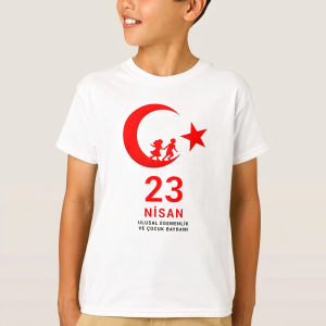 Çocuk 23 Nisan Ulusal Egemenlik ve Çocuk Bayramı Baskılı Bisiklet Yaka T-shirt – Beyaz