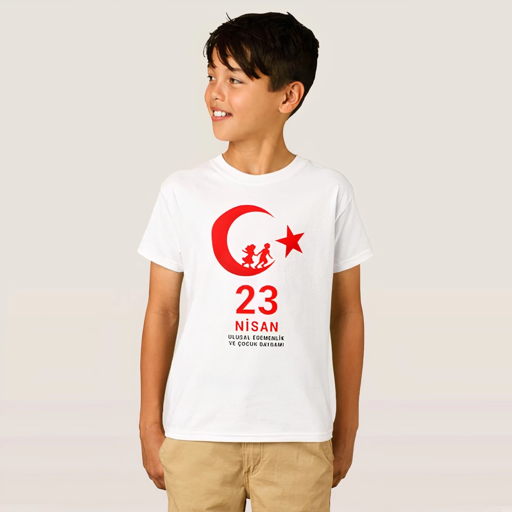 Çocuk 23 Nisan Ulusal Egemenlik ve Çocuk Bayramı Baskılı Bisiklet Yaka T-shirt – Beyaz