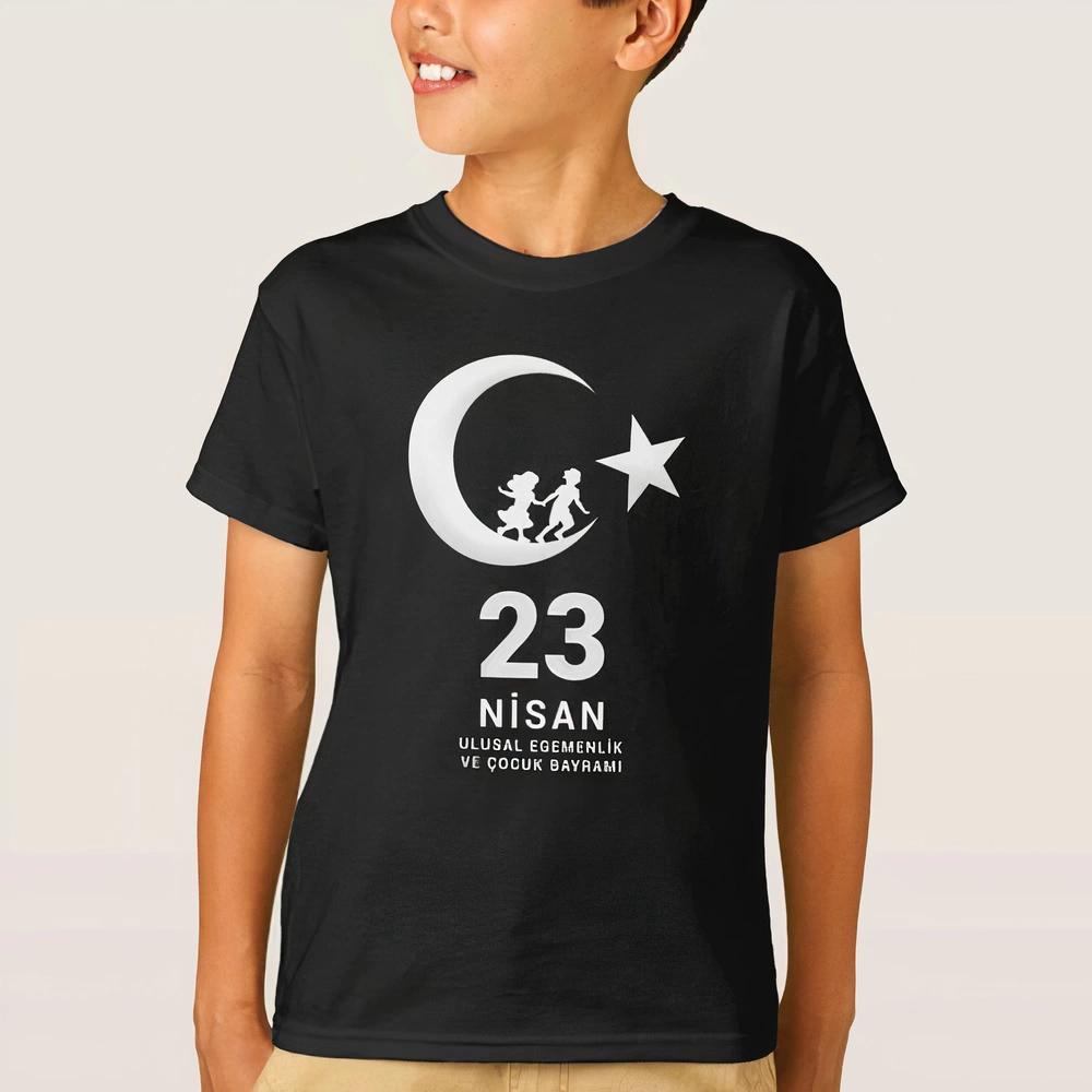 Çocuk 23 Nisan Ulusal Egemenlik ve Çocuk Bayramı Baskılı Bisiklet Yaka T-shirt – Siyah
