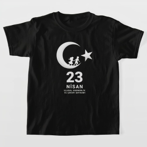 Çocuk 23 Nisan Ulusal Egemenlik ve Çocuk Bayramı Baskılı Bisiklet Yaka T-shirt – Siyah
