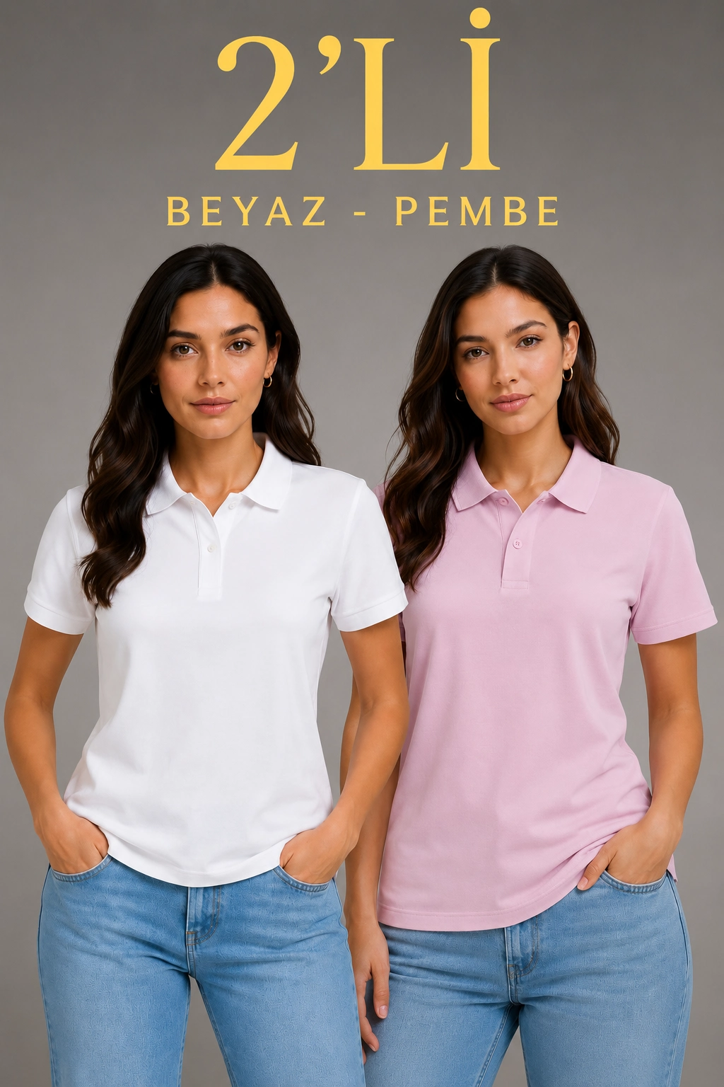 2’li Kadın Polo Yaka Pike Kumaş Düğmeli Basic Tişört Günlük Rahat Kesim – Beyaz, Pembe