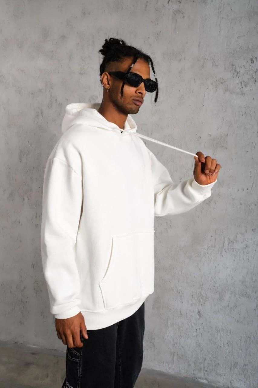 Erkek 3 İplik Pamuklu Kapüşonlu Cepli Düz Oversize Hoodie Sweatshirt – Beyaz