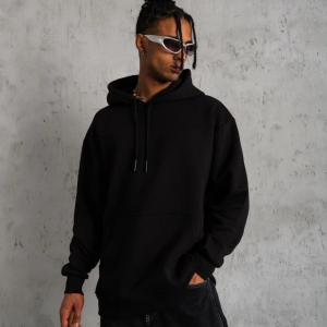 Erkek 3 İplik Pamuklu Kapüşonlu Cepli Düz Oversize Hoodie Sweatshirt – Siyah