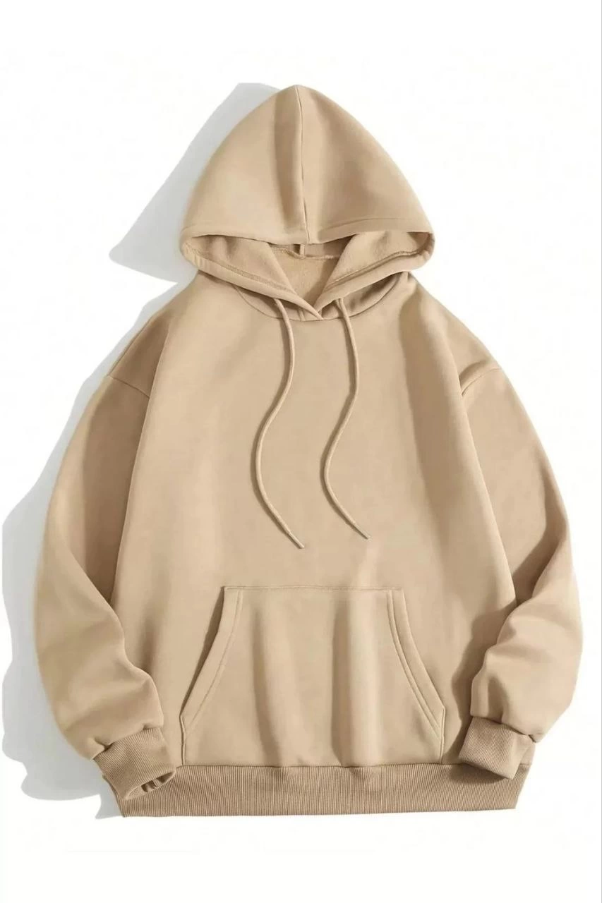Kadın Kapüşonlu Kanguru Cepli 3 İplik Pamuklu Düz Hoodie Sweatshirt – Bej