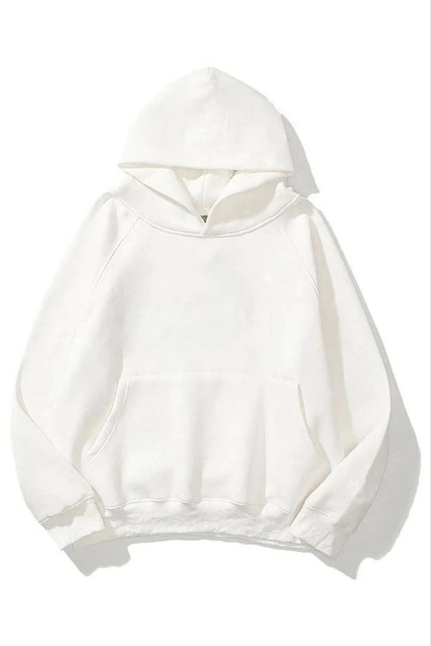 Kadın Kapüşonlu Kanguru Cepli 3 İplik Pamuklu Düz Hoodie Sweatshirt – Beyaz