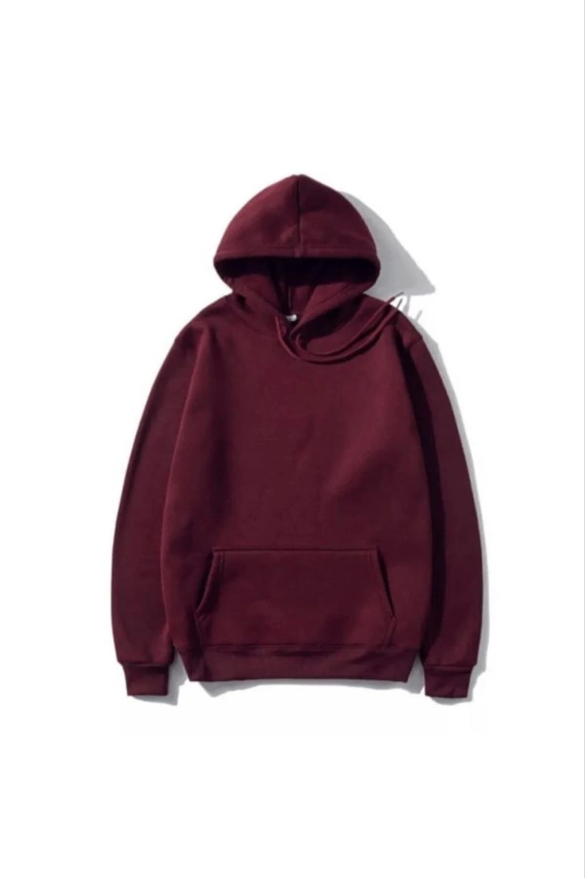 Kadın 3 İplik Pamuklu Kapüşonlu Kanguru Cepli Düz Hoodie Sweatshirt – Bordo