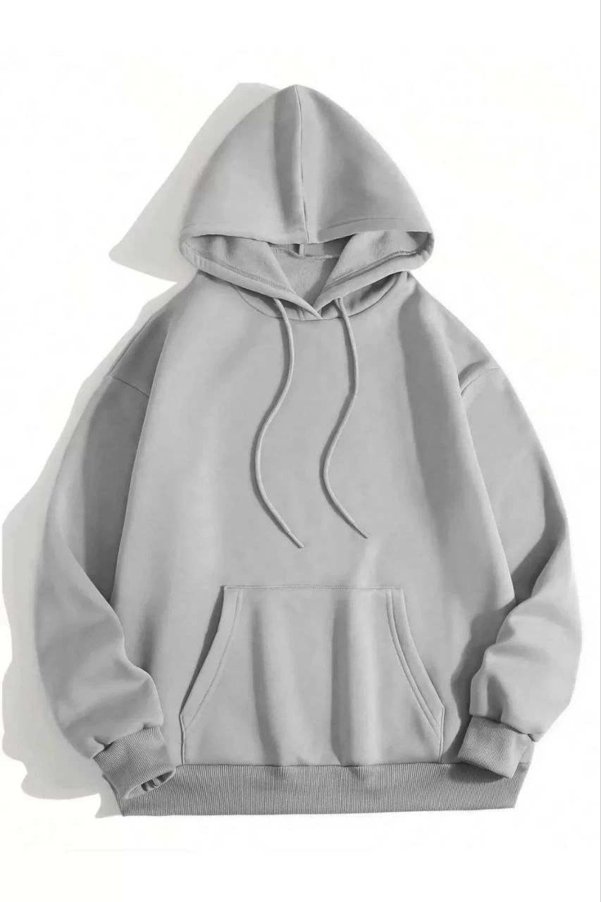 Kadın Kapüşonlu Kanguru Cepli 3 İplik Pamuklu Düz Hoodie Sweatshirt – Gri
