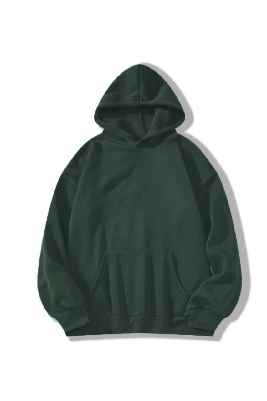 Kadın Kapüşonlu Kanguru Cepli 3 İplik Pamuklu Düz Hoodie Sweatshirt – Haki