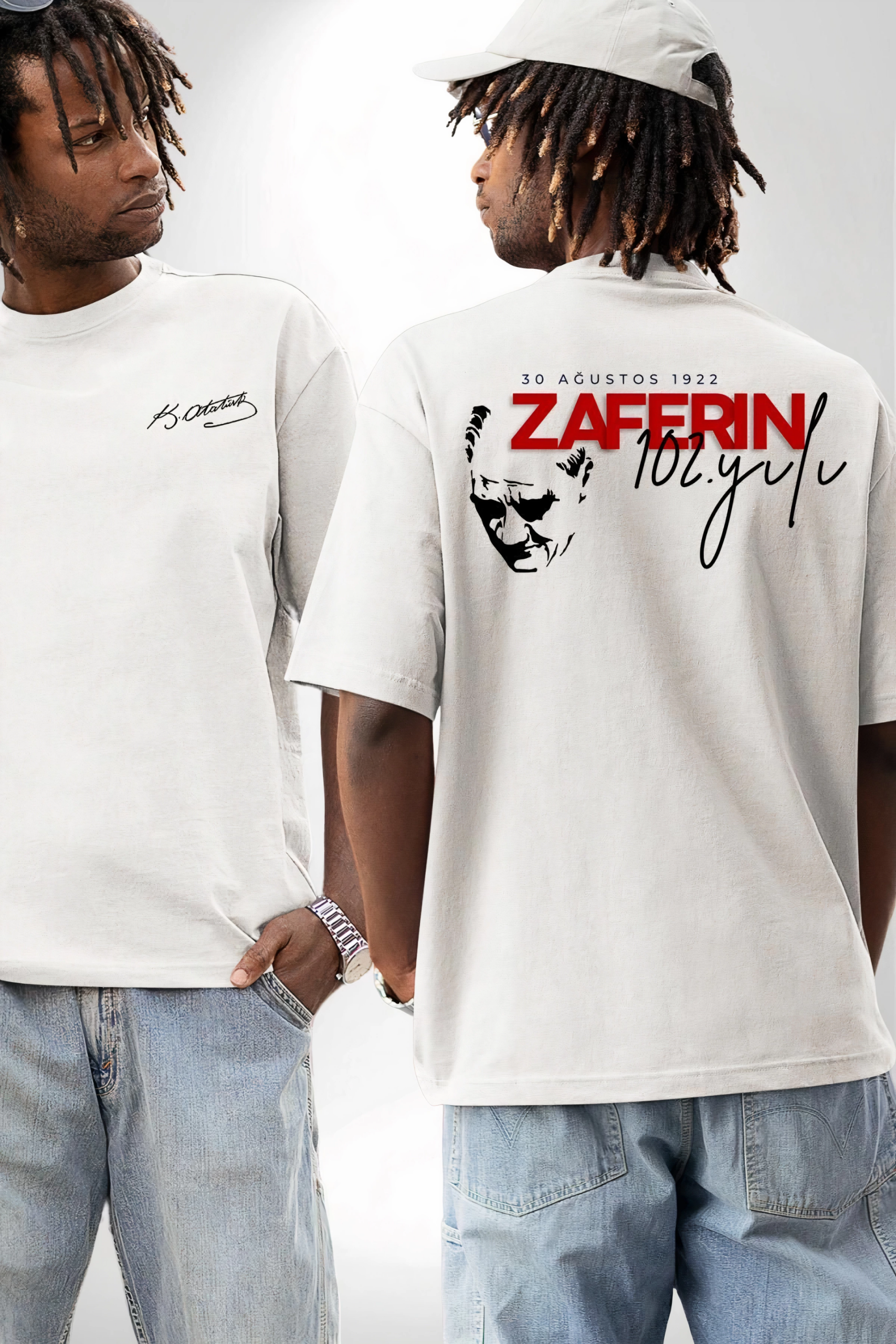 30 Ağustos Zafer Bayramı Ön Arka Baskılı Oversize Bisiklet Yaka T-shirt – Beyaz