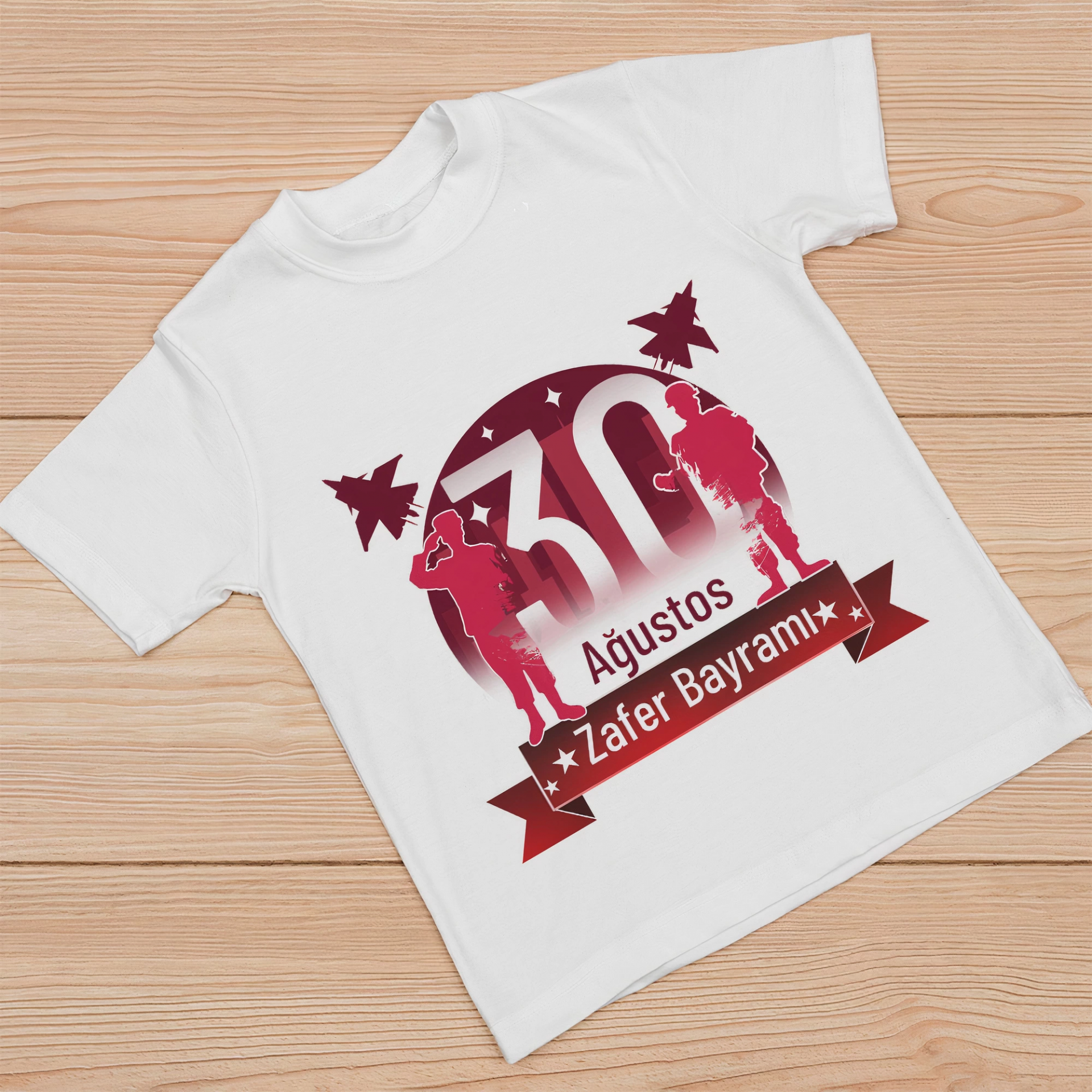 Ağustos Zafer Bayramı Atatürk Baskılı Kısa Kollu Bisiklet Yaka T-shirt – Beyaz