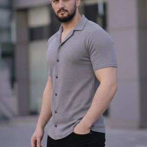 Erkek Waffle Kumaş Kısa Kollu Düğmeli Açık Yaka Regular Fit Gömlek – Gri