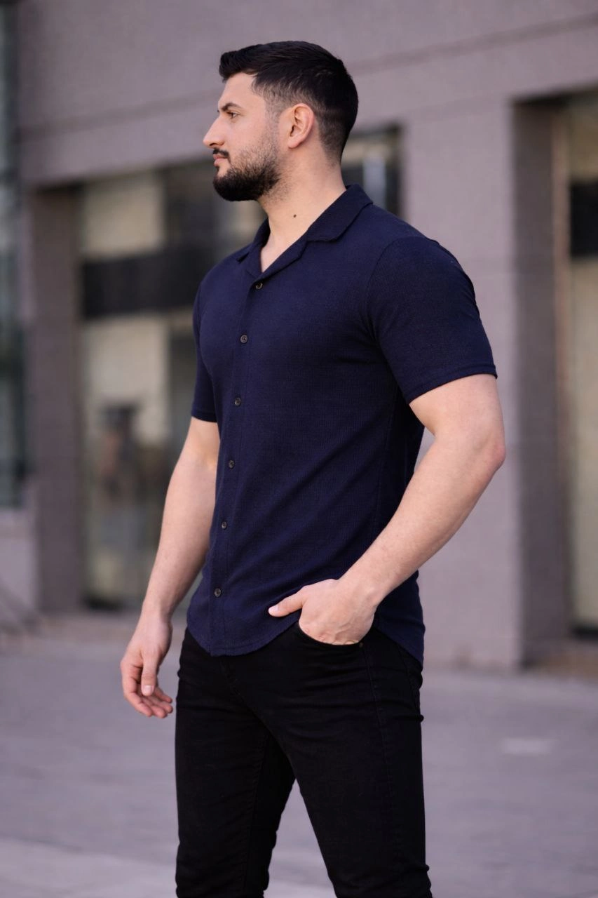 Erkek Waffle Kumaş Kısa Kollu Düğmeli Açık Yaka Regular Fit Gömlek – Lacivert