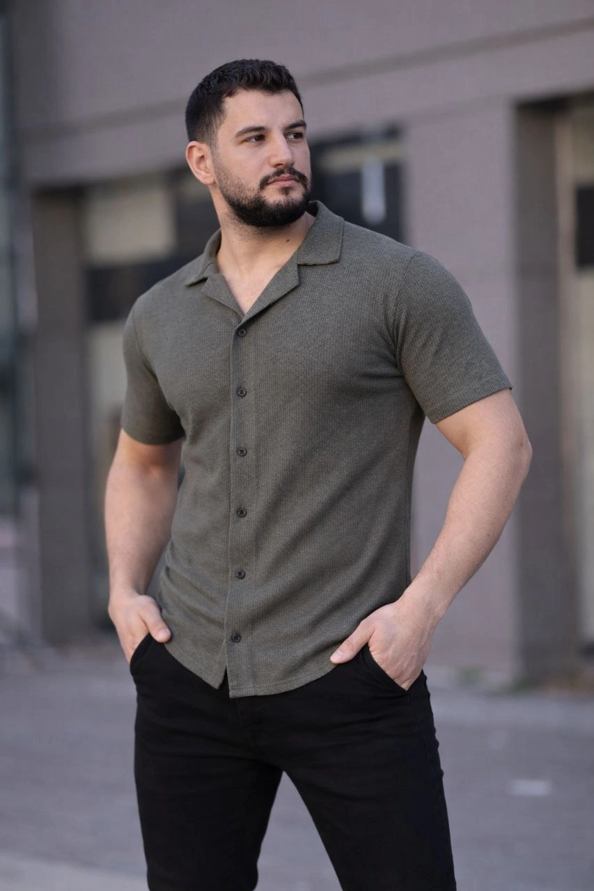 Erkek Waffle Kumaş Kısa Kollu Düğmeli Açık Yaka Regular Fit Gömlek – Haki