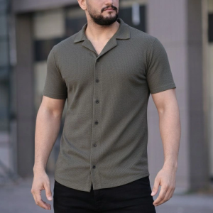 Erkek Waffle Kumaş Kısa Kollu Düğmeli Açık Yaka Regular Fit Gömlek – Haki