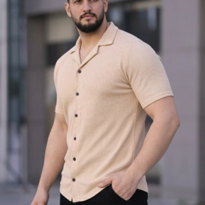 Erkek Waffle Kumaş Kısa Kollu Düğmeli Açık Yaka Regular Fit Gömlek – Bej