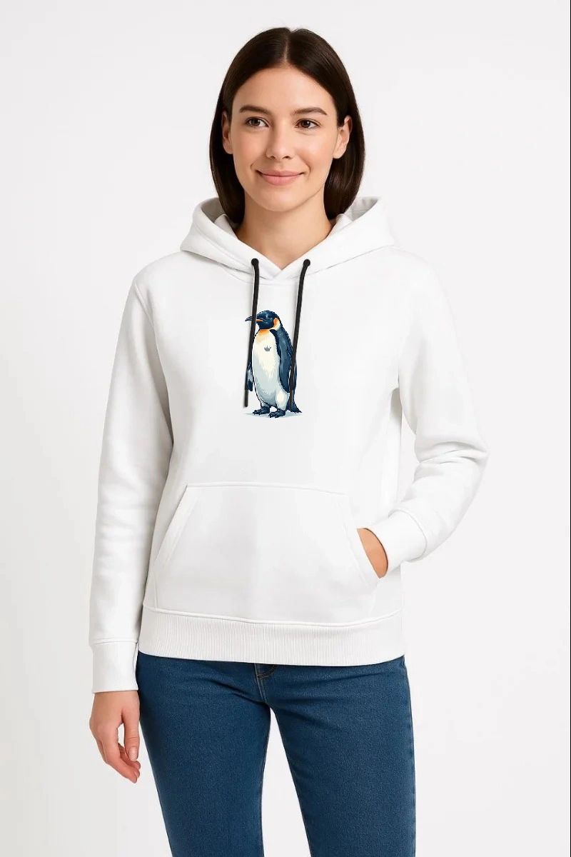Kadın 3 İplik Pamuklu Kapüşonlu Hoodie Sweatshirt Survivor Penguen Baskılı – Beyaz