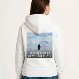 Kadın 3 İplik Pamuklu Kapüşonlu Hoodie Sweatshirt Survivor Penguen Baskılı – Beyaz