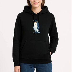 Kadın 3 İplik Pamuklu Kapüşonlu Hoodie Sweatshirt Survivor Penguen Baskılı – Siyah