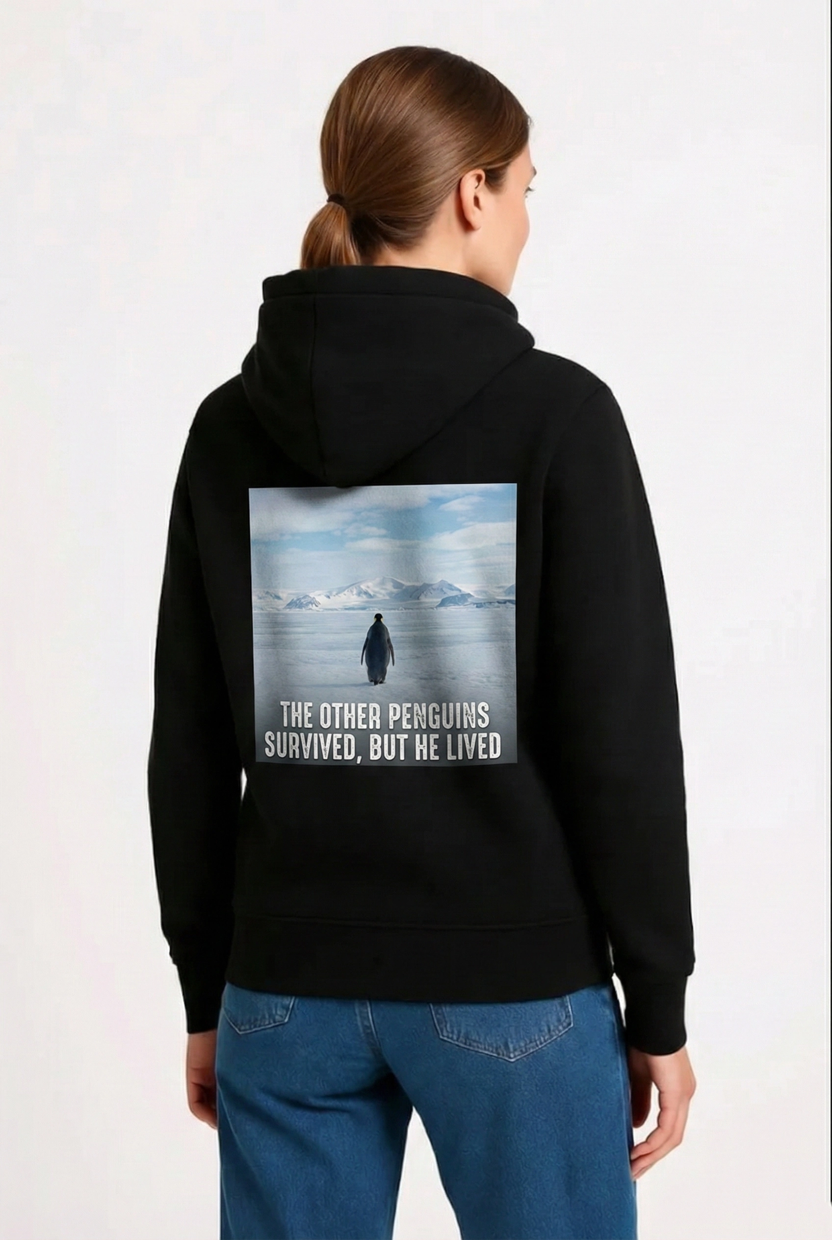 Kadın 3 İplik Pamuklu Kapüşonlu Hoodie Sweatshirt Survivor Penguen Baskılı – Siyah