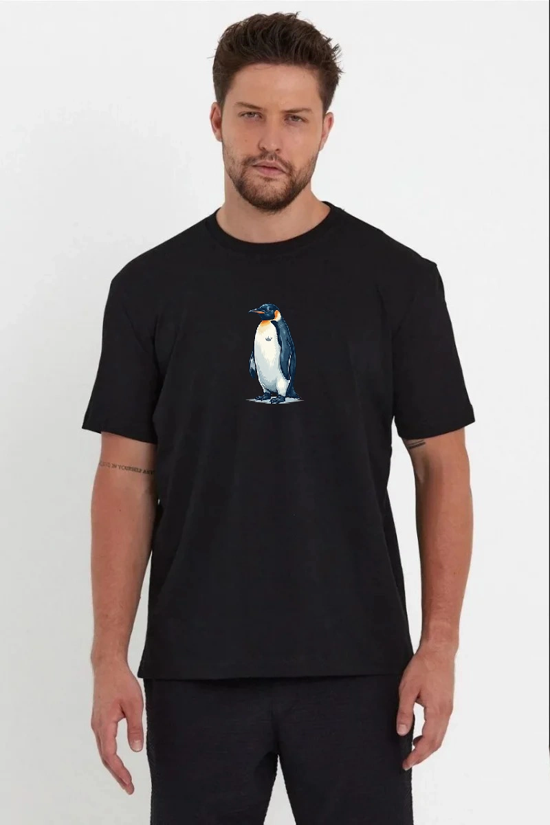 Erkek T-Shirt Penguen Baskılı Bisiklet Yaka Kısa kol yazlık Tişört – Siyah