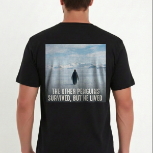 Erkek T-Shirt Penguen Baskılı Bisiklet Yaka Kısa kol yazlık Tişört – Siyah