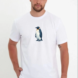 Erkek T-Shirt Penguen Baskılı Bisiklet Yaka Kısa kol yazlık Tişört – Beyaz