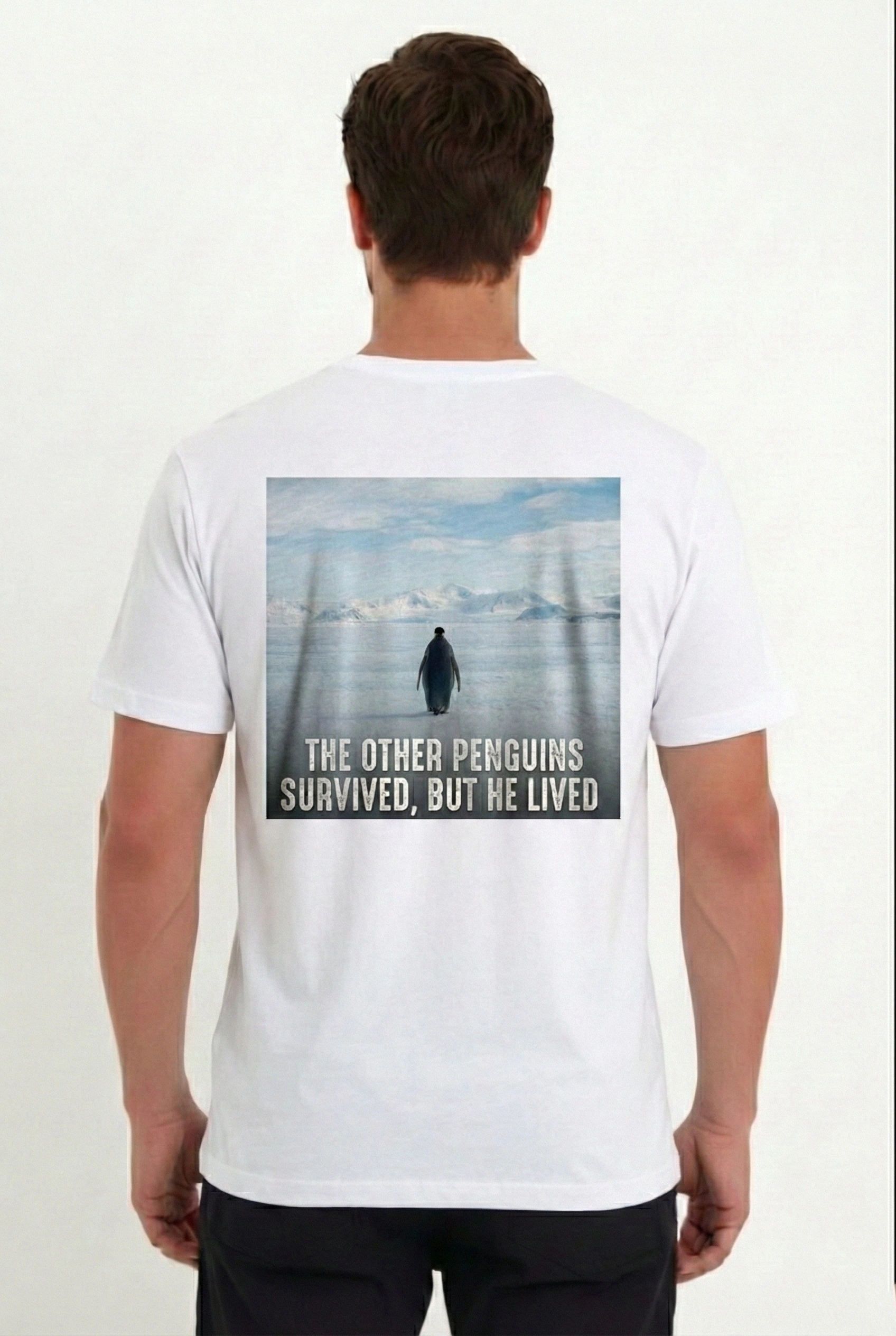 Erkek T-Shirt Penguen Baskılı Bisiklet Yaka Kısa kol yazlık Tişört – Beyaz