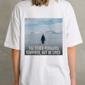 Kadın T-Shirt Penguen Baskılı Bisiklet Yaka Kısa kol yazlık Tişört – Beyaz