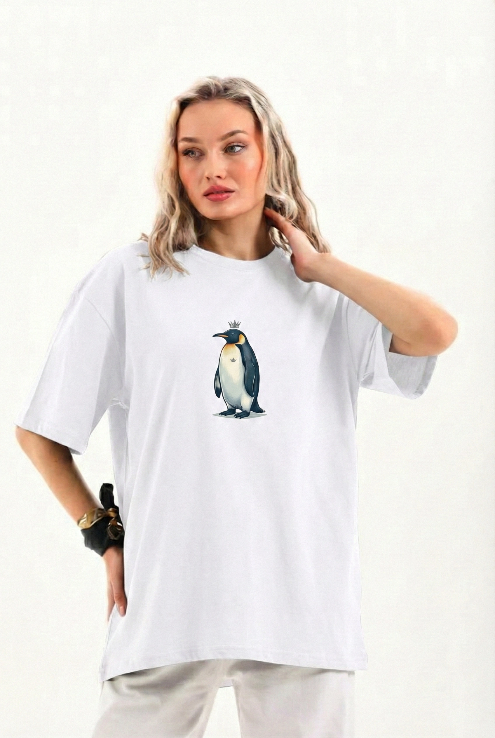 Kadın T-Shirt Penguen Baskılı Bisiklet Yaka Kısa kol yazlık Tişört – Beyaz
