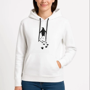 Kadın 3 İplik Pamuklu Kapüşonlu Hoodie Sweatshirt Nihilist Penguen Baskılı – Beyaz