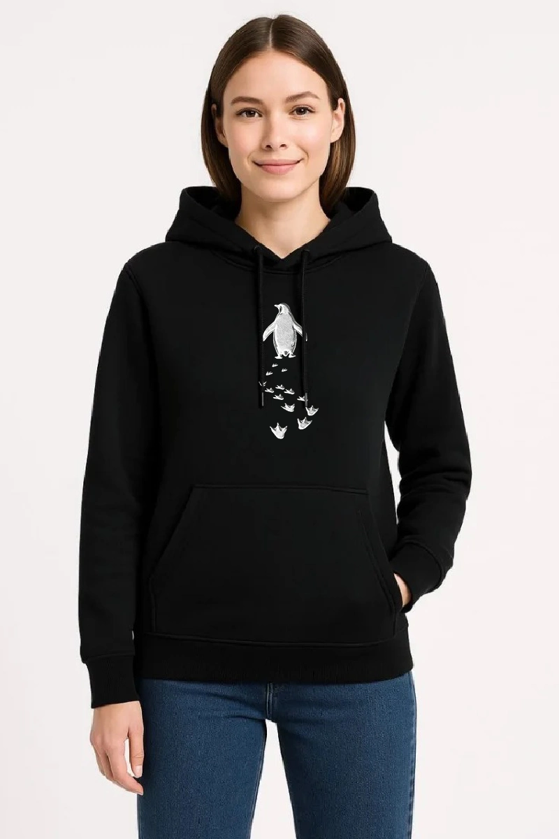 Kadın 3 İplik Pamuklu Kapüşonlu Hoodie Sweatshirt Nihilist Penguen Baskılı – Siyah
